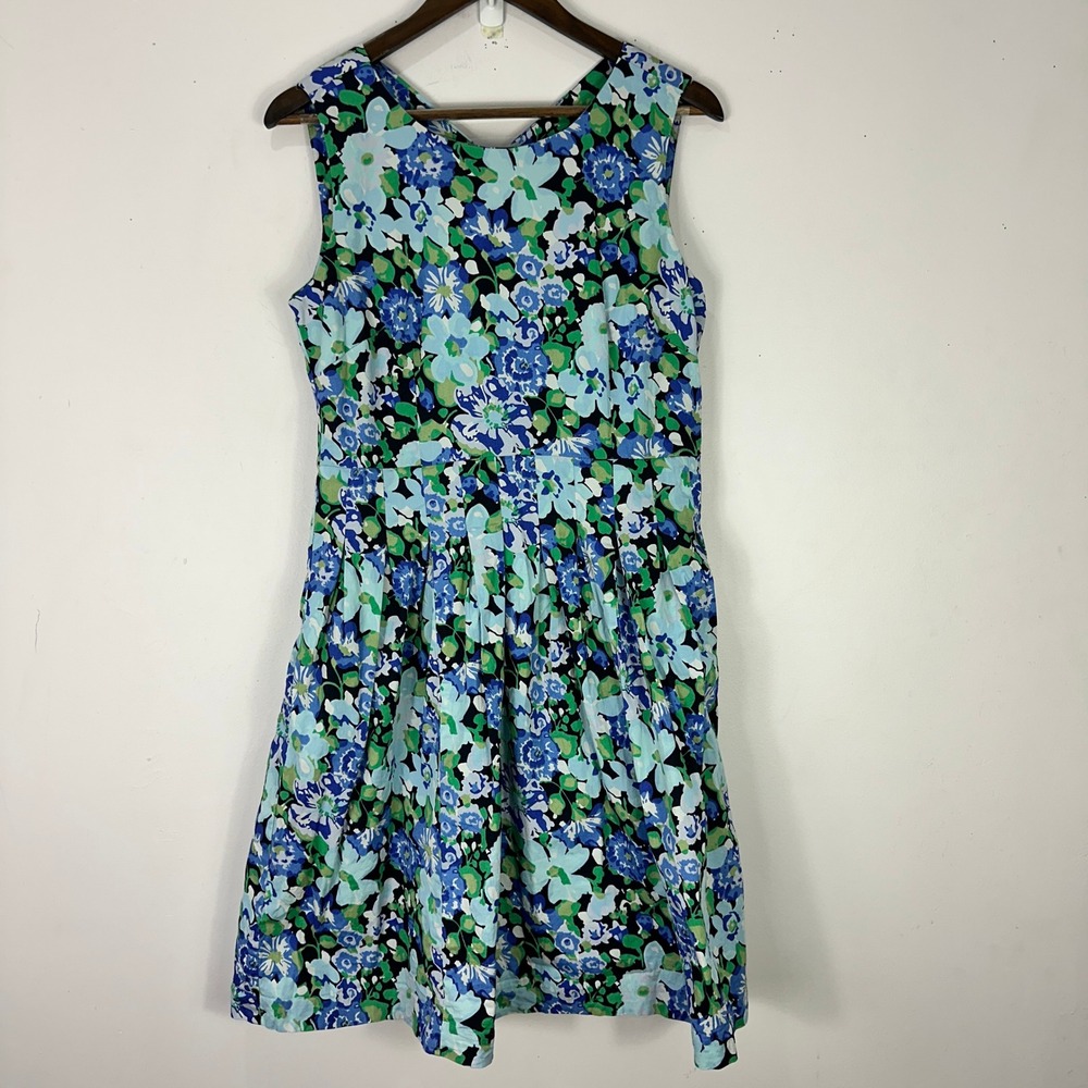 Chadwicks Floral Fit Flare Dress Womens 12P Blue Green Sleeveless Pockets Cotton